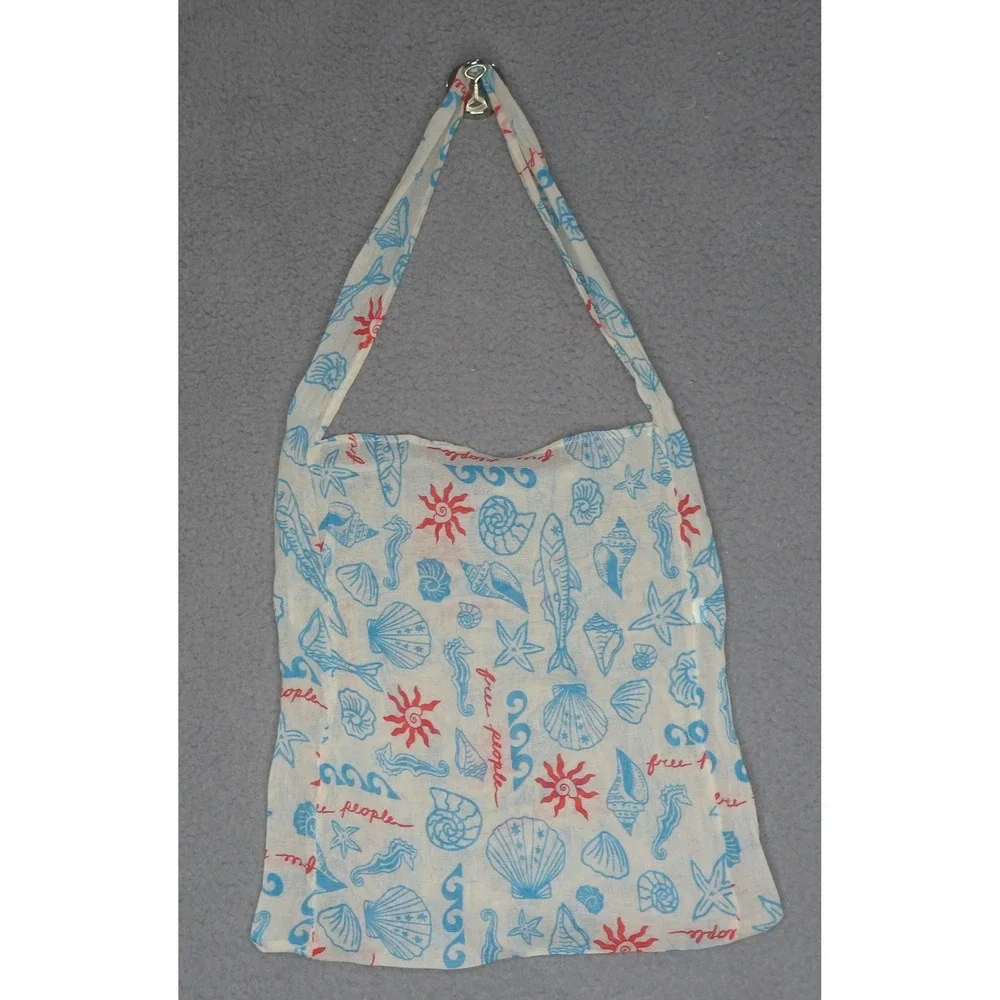 Free People Nautical Seashell Print Gauze Tote Bag Reusable Shopper Blue Red - Picture 3 of 8